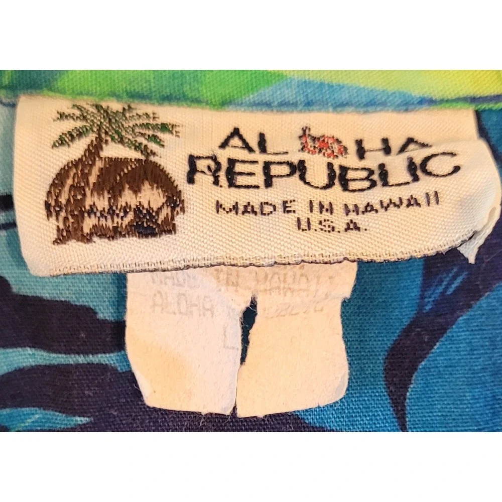 Aloha Republic Hawaiian Shirt Mens L Blue Green Tropical Palm Made in Hawaii - Picture 3 of 7